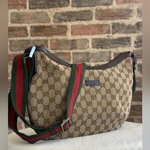 Gucci Beige and Brown Shoulder Bag with Red and Green Strap